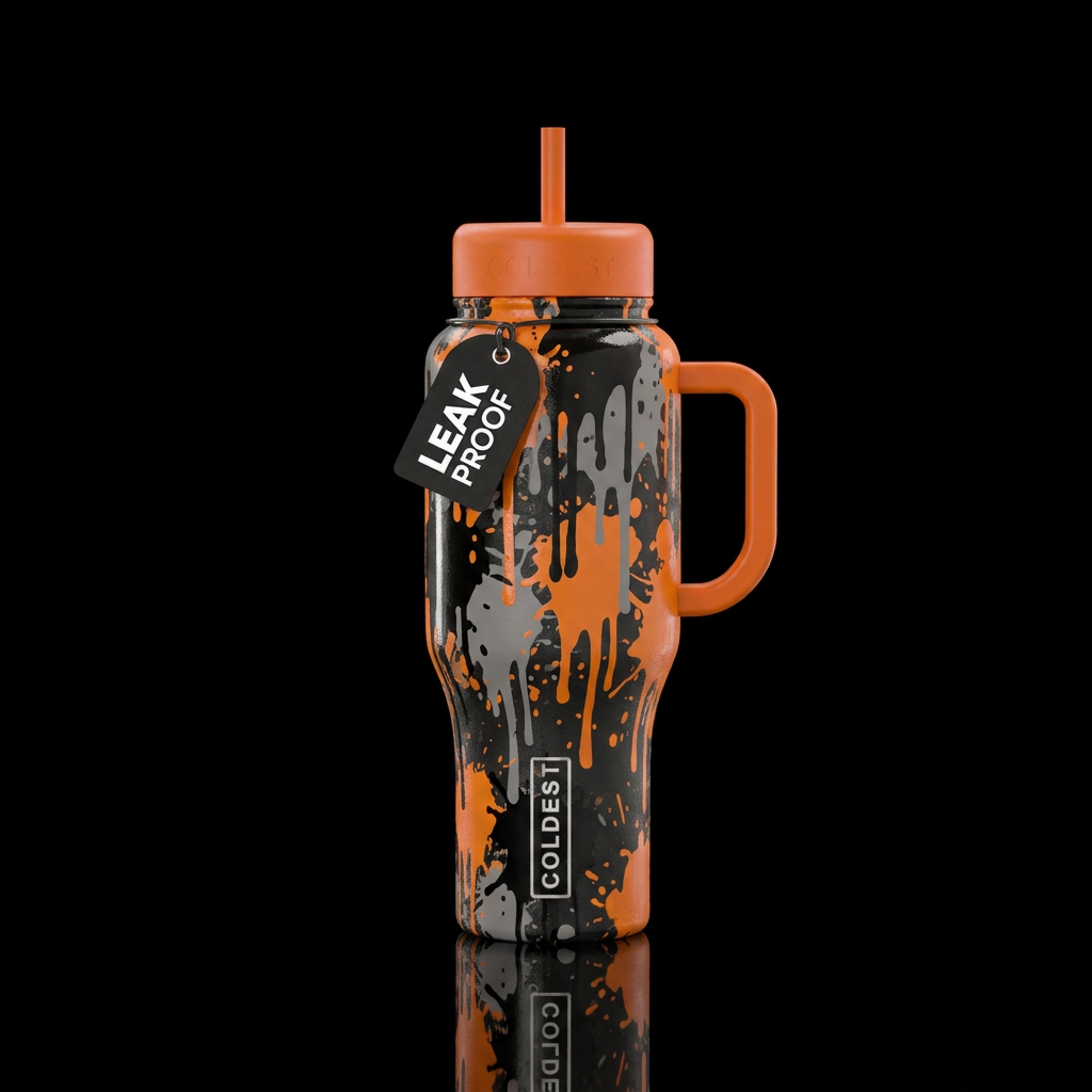 Black gray and orange drip with a orange handle an... water bottle design