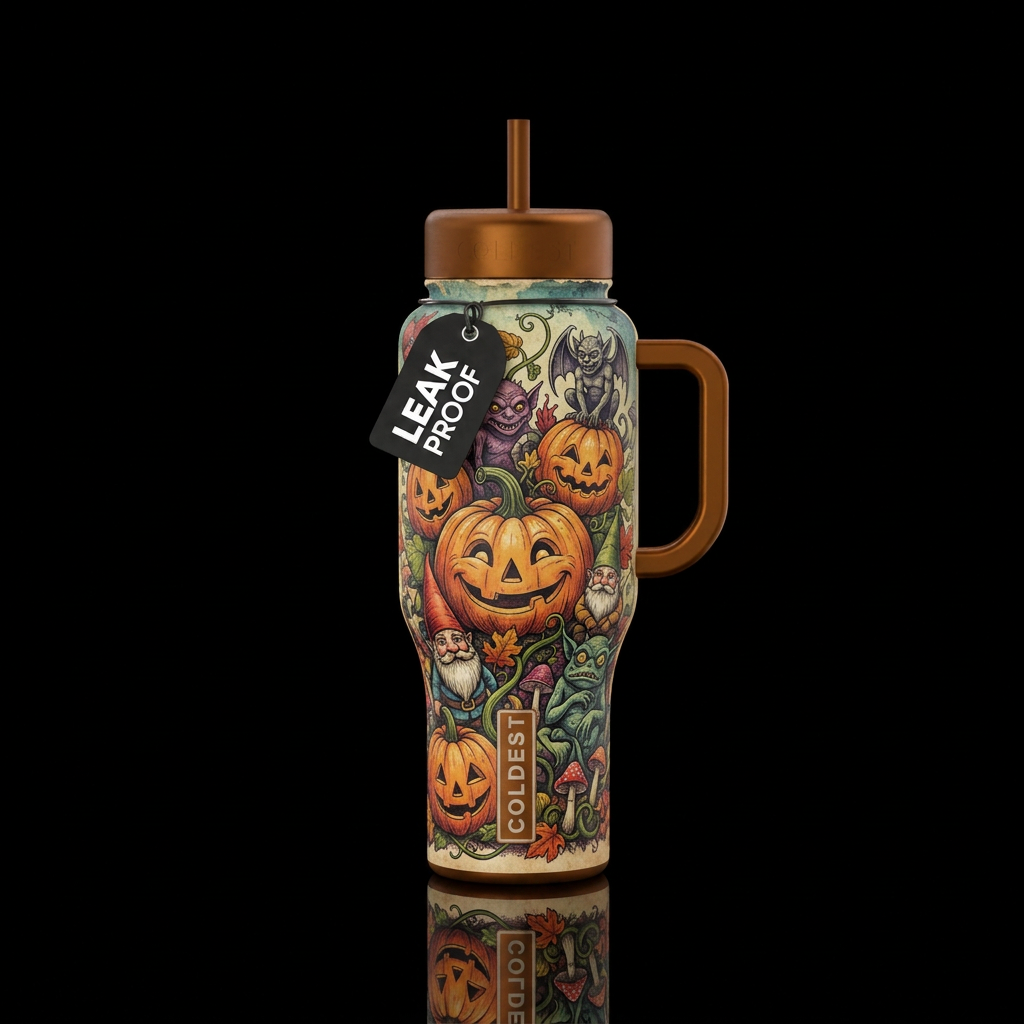 Realistic vintage pumpkins gnomes and monsters water bottle design