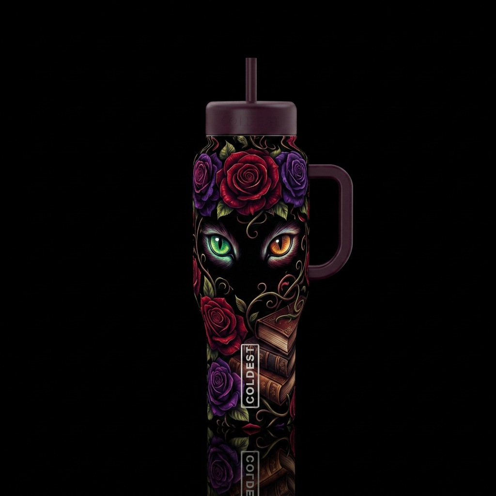 Black background, gothic roses, cat eyes that glow... water bottle design