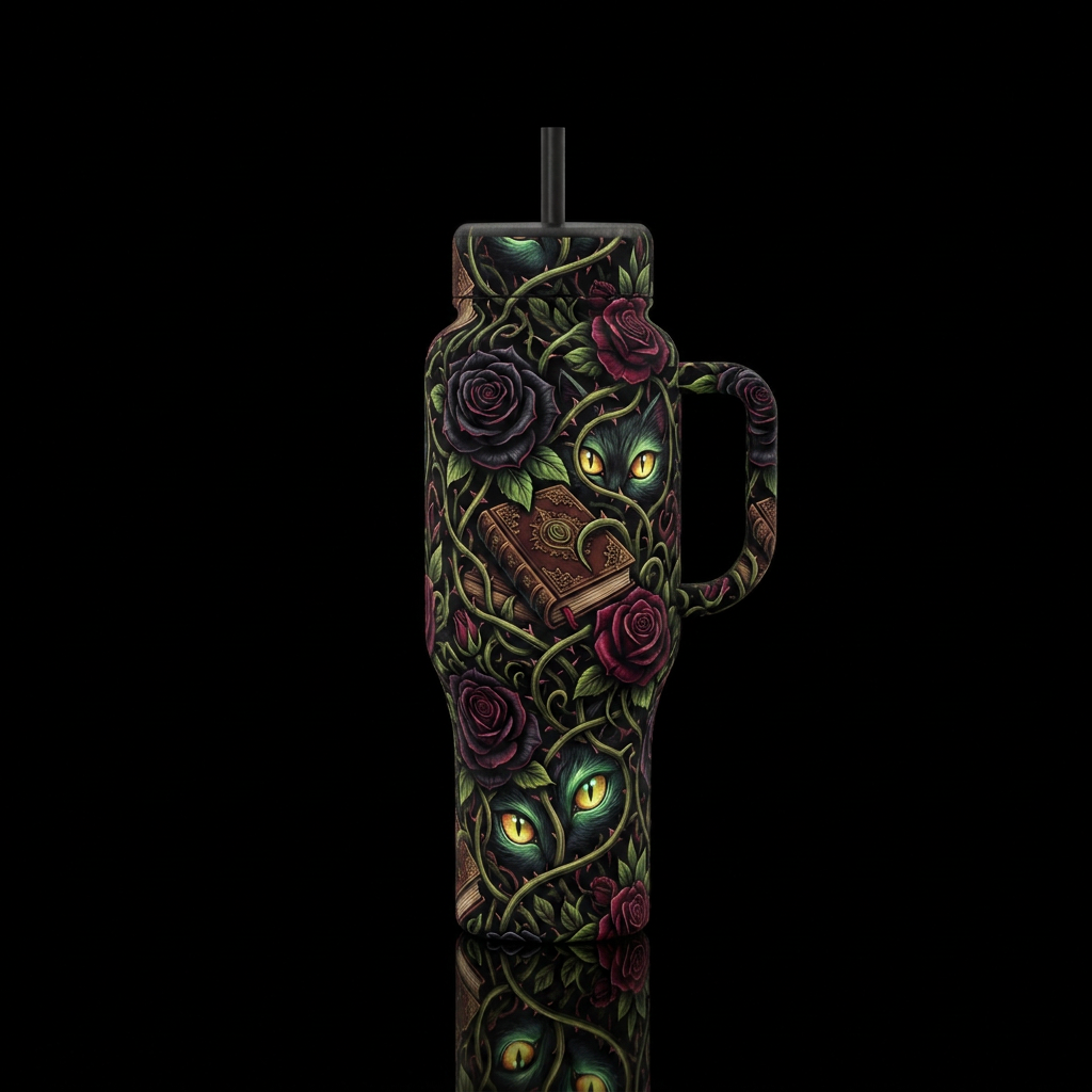 Black background, gothic roses, cat eyes that glow... water bottle design