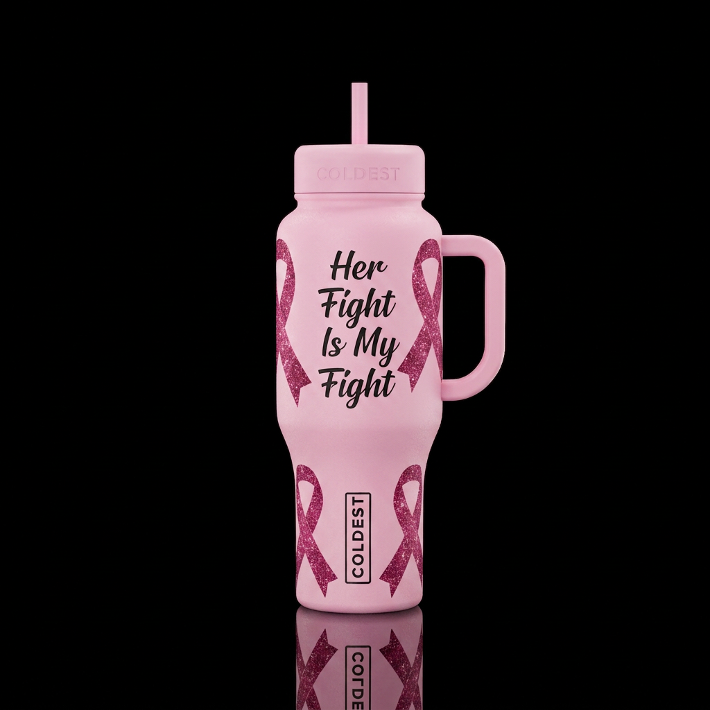 Light pink cups with dark sparkling pink ribbons, ... water bottle design