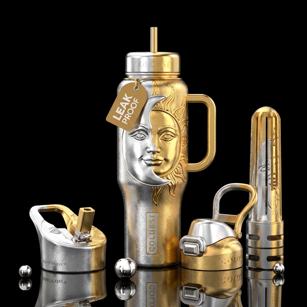 Half silver moon face  half gold sun face water bottle design
