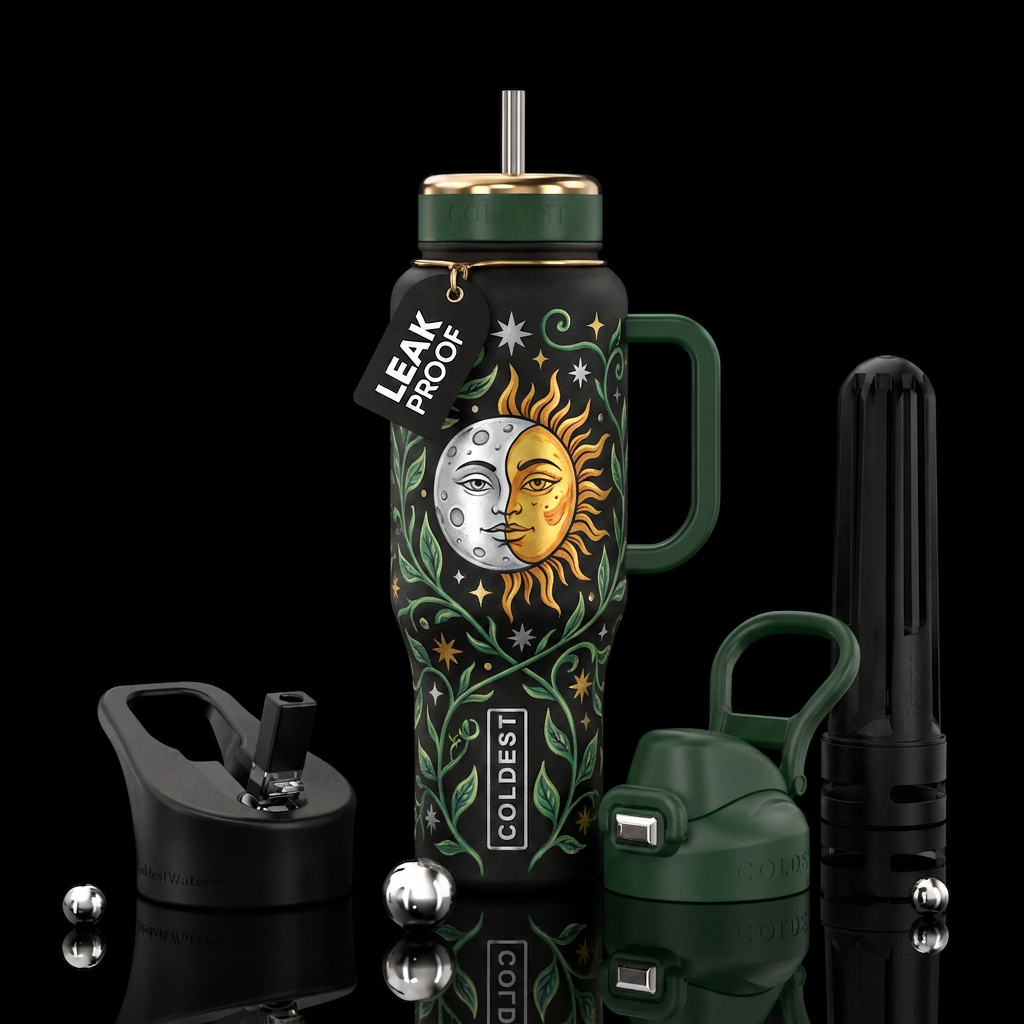 Half siver moon face half gold sun face green vine... water bottle design