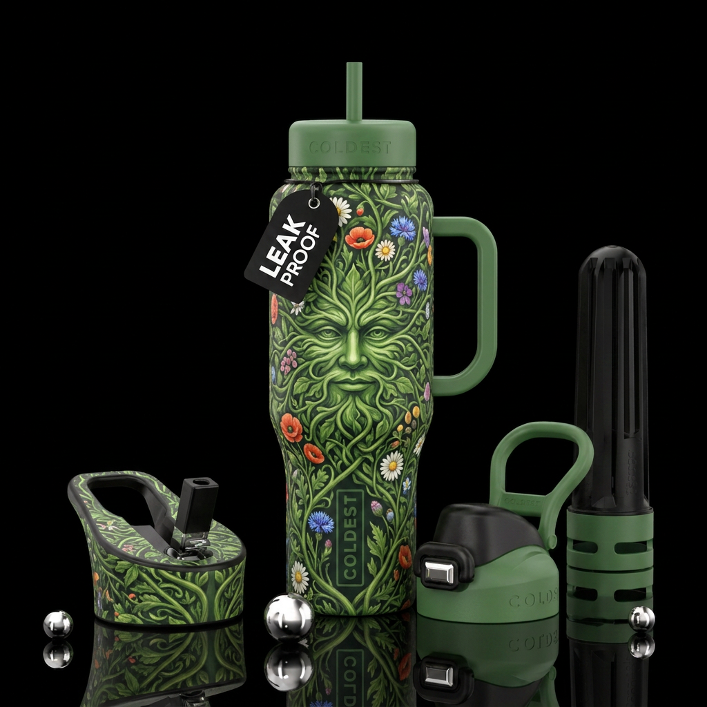 Green man green vines, flowers boho water bottle design