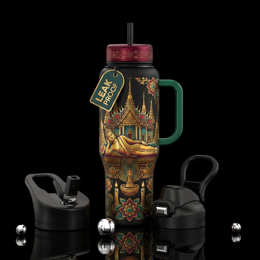 Gold reclining Buddha flowers candles Thai temple water bottle design