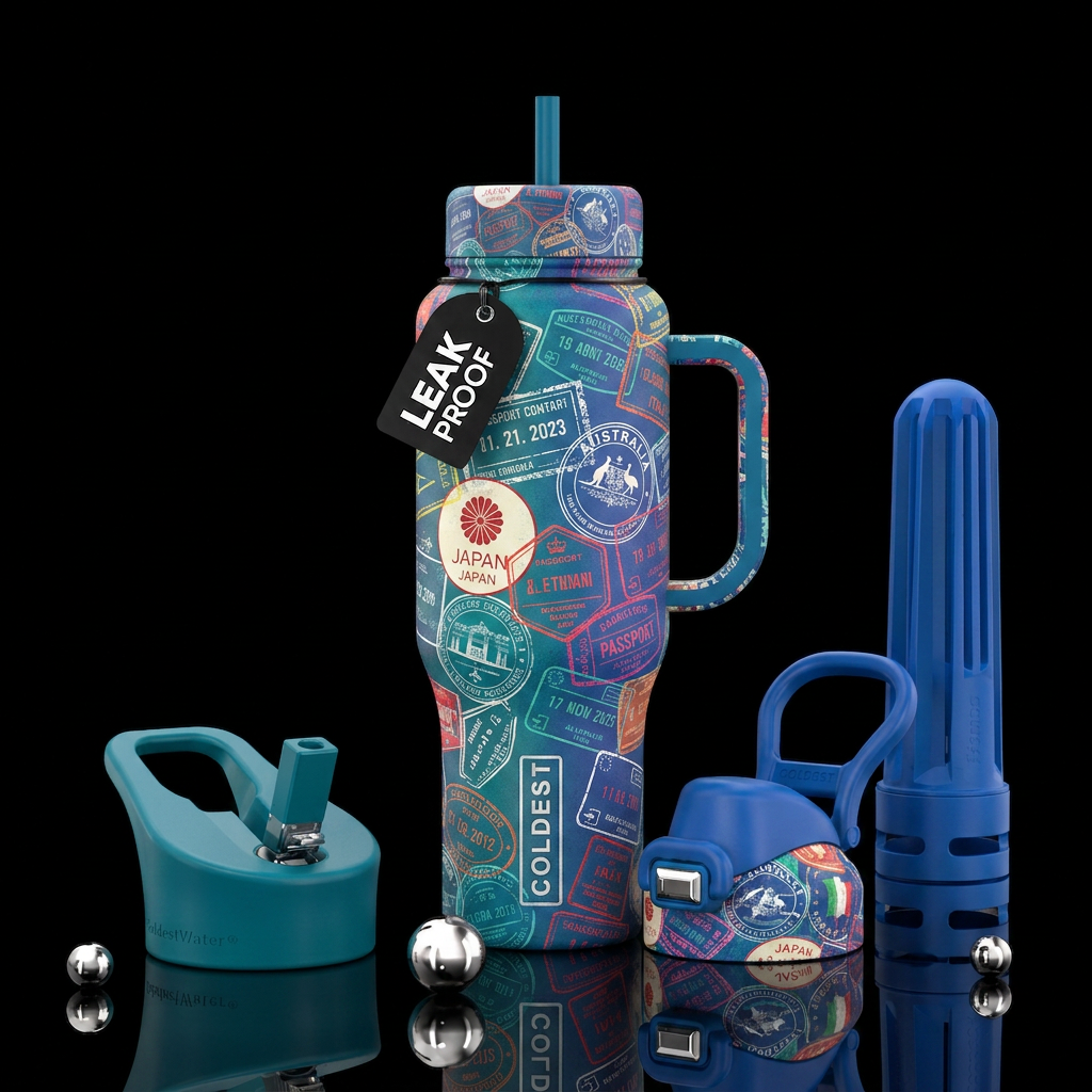 Passports stamps water bottle design