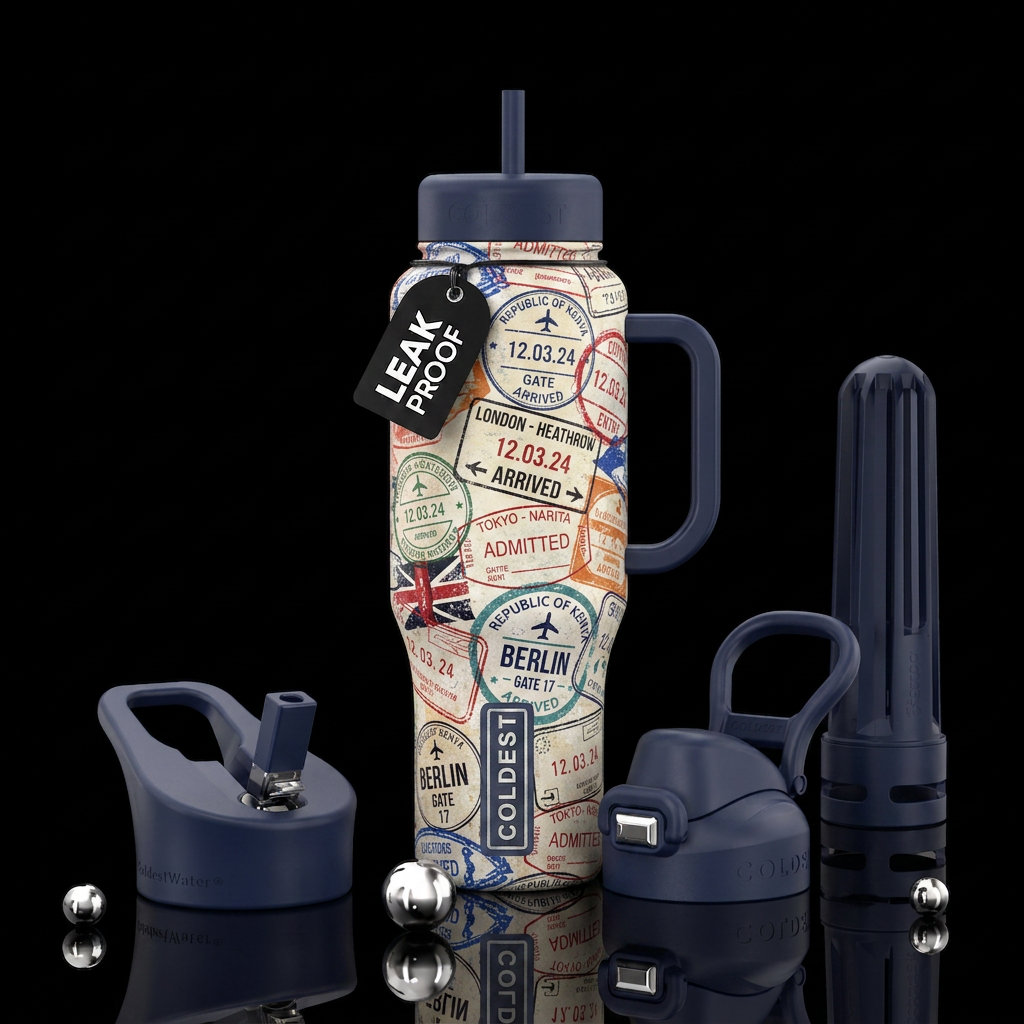 Passports stamps travel stickers water bottle design