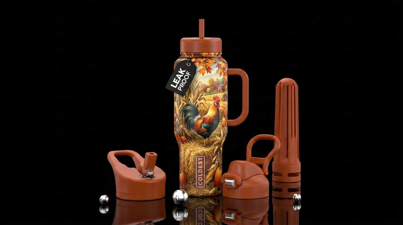 Fall farm, rooster, hay water bottle design