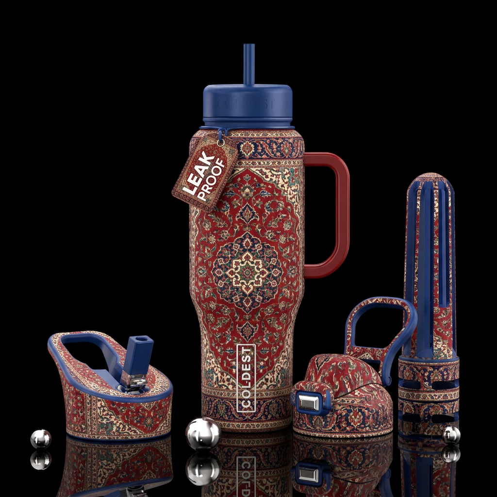 Red blue green white Persian carpet water bottle design