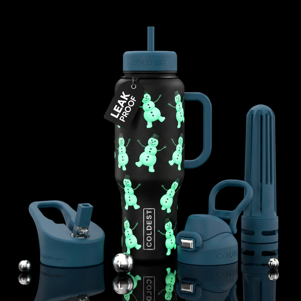 Glow in the dark dancing snowmen water bottle design