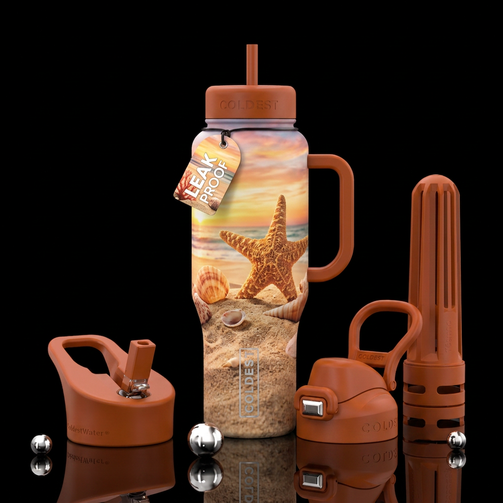 Big starfish, shells, beach sand sunset water bottle design