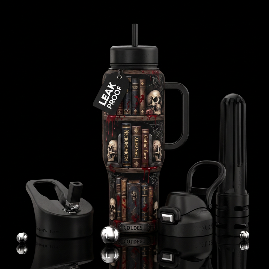Bloody skulls and books water bottle design