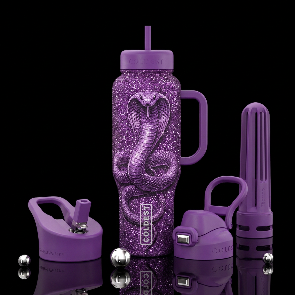 Purple glitter cobra water bottle design