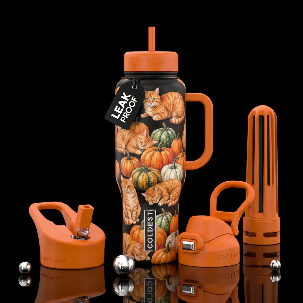Orange cats and pumpkins water bottle design