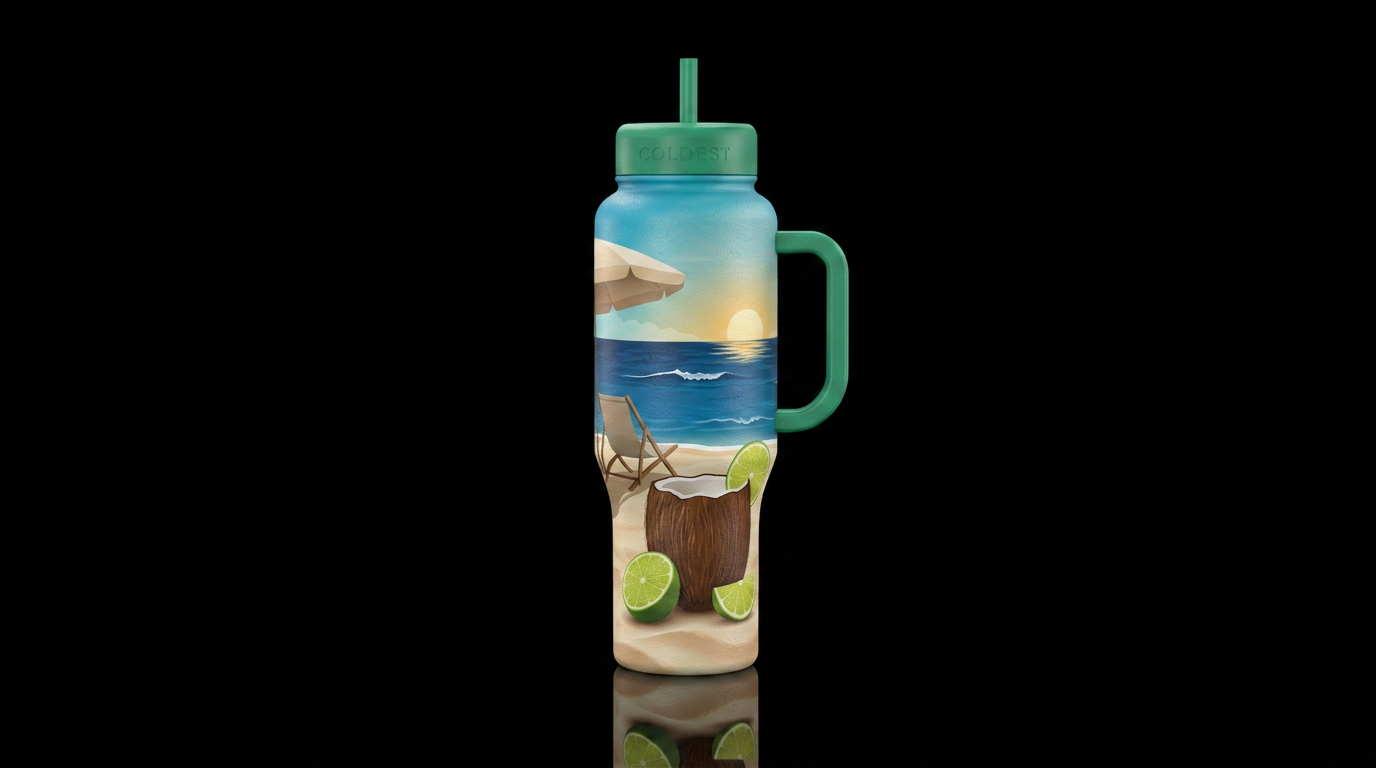 Coconut drinking cup with half a lime beside it on... water bottle design