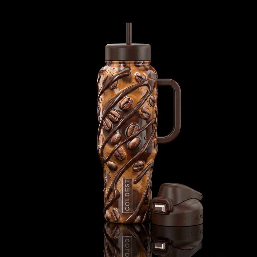 Coffee beans with chocolate drizzle floating on fr... water bottle design