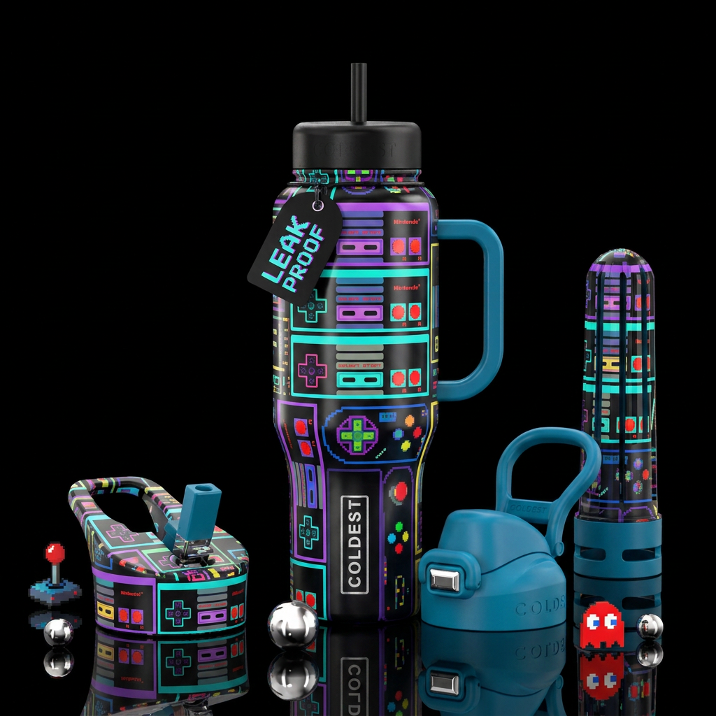 retro video game controller water bottle design