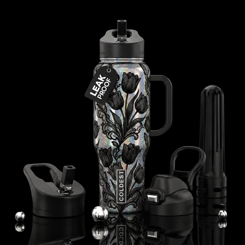 black tulips intertwined with lace on holographic ... water bottle design