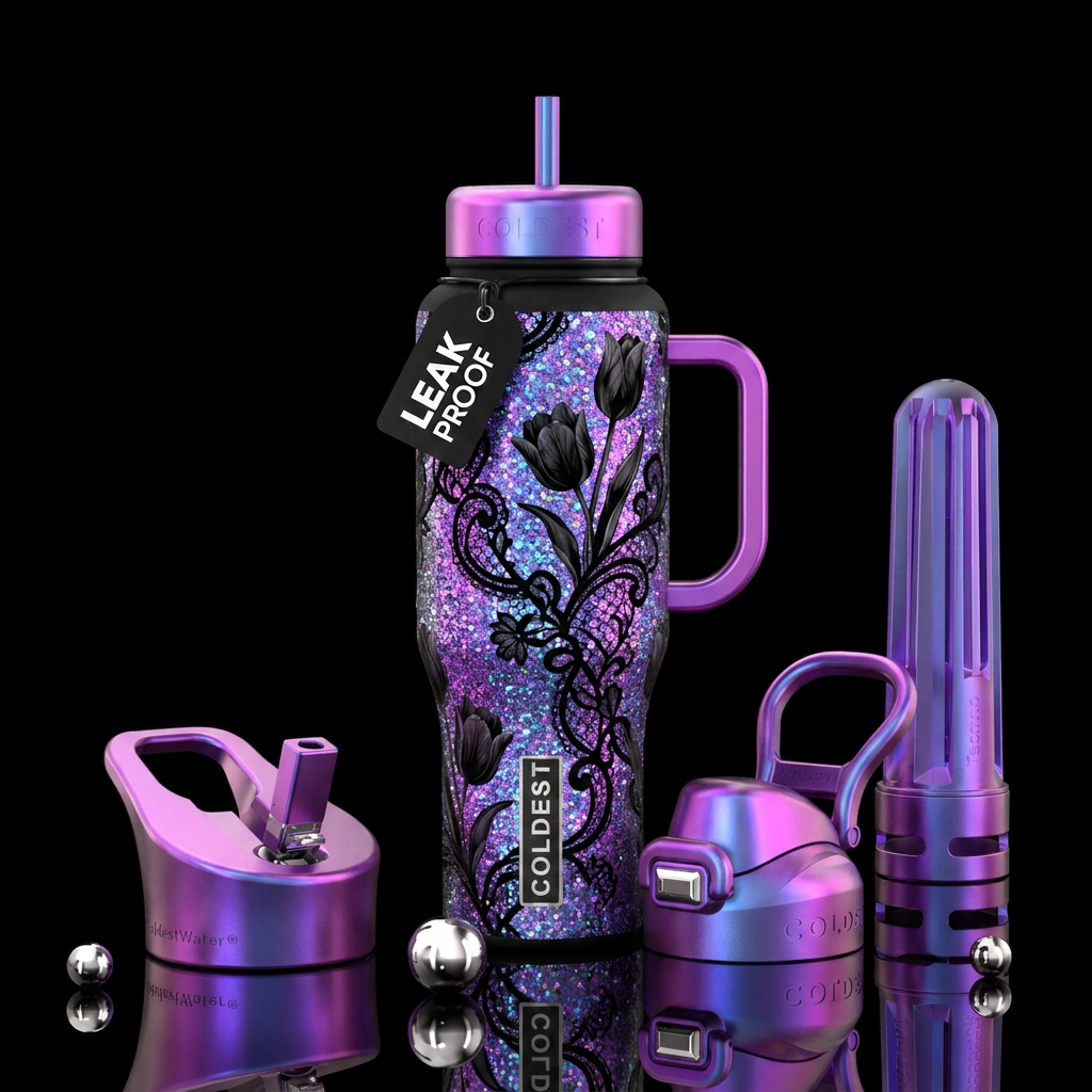 black tulips intertwined with lace on holographic ... water bottle design