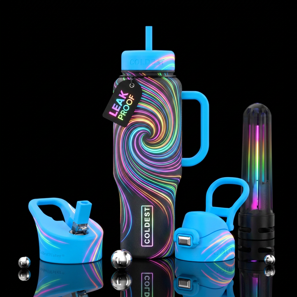 neon rainbow spirals water bottle design