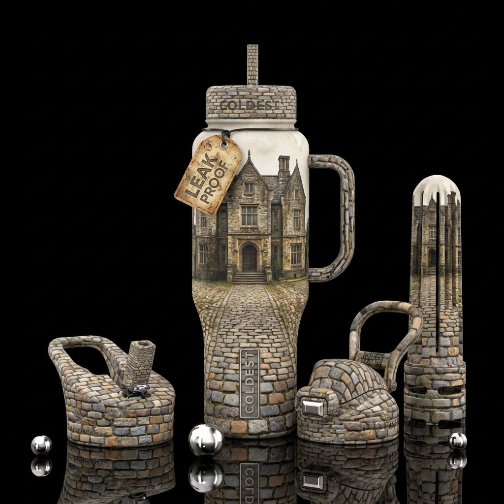 cobblestone driveway leading up to ancient mansion water bottle design