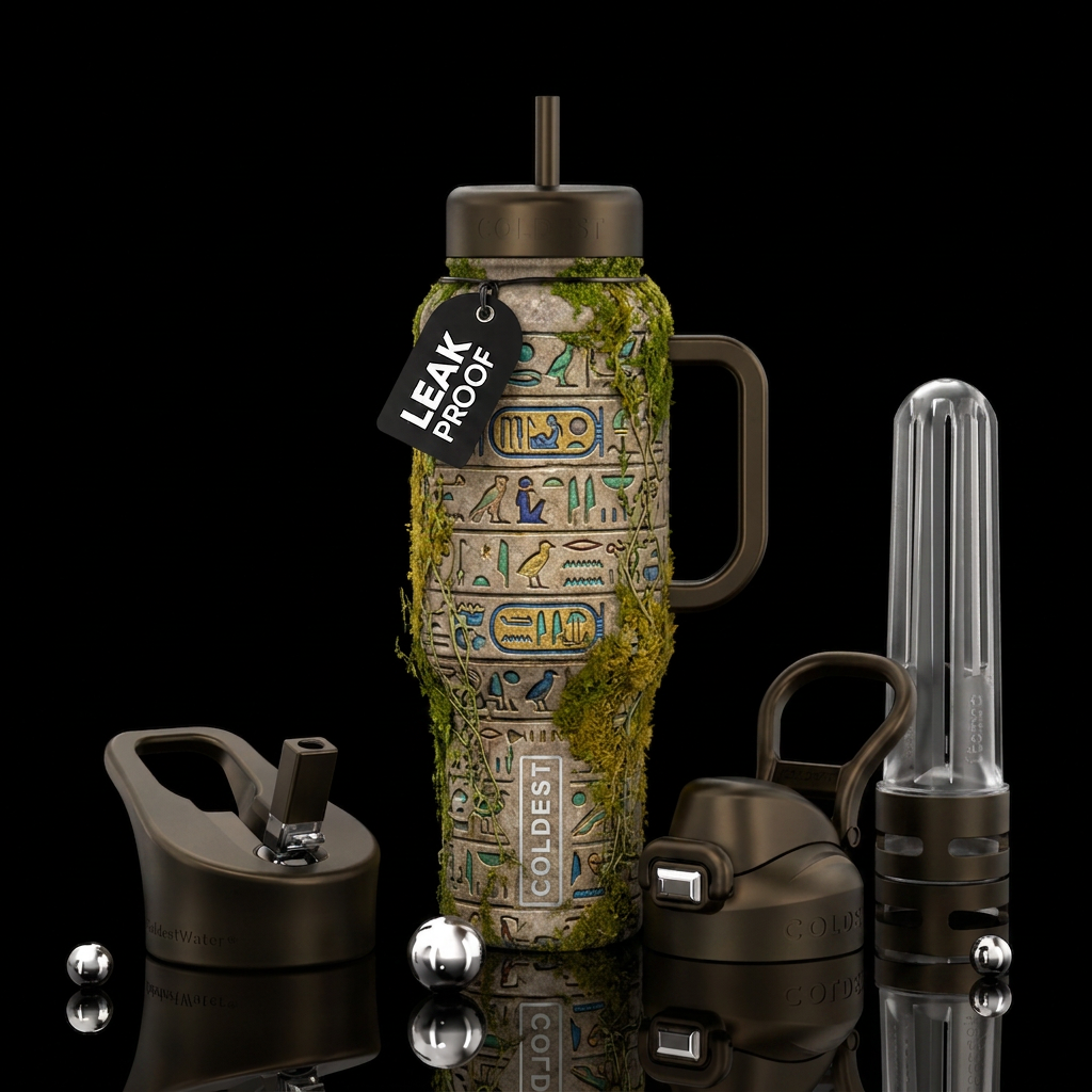 heiroglyphics on stones with moss and vines water bottle design