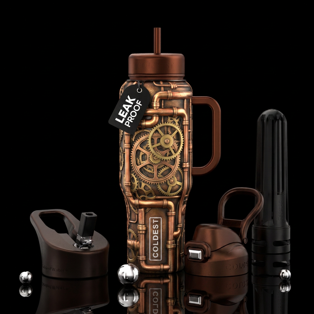 Industrial steam punk piping with intertwined cloc... water bottle design