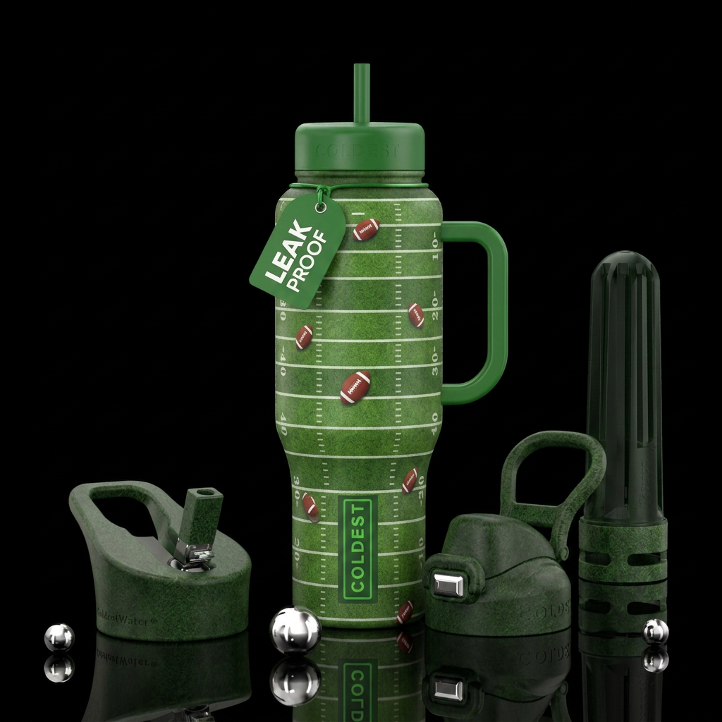 football field with footballs all over it water bottle design