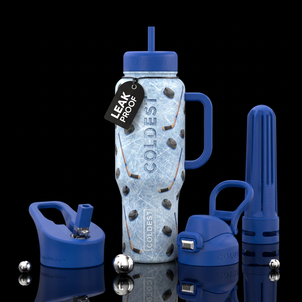 hockey ice rink with coldest logos in the ice and ... water bottle design