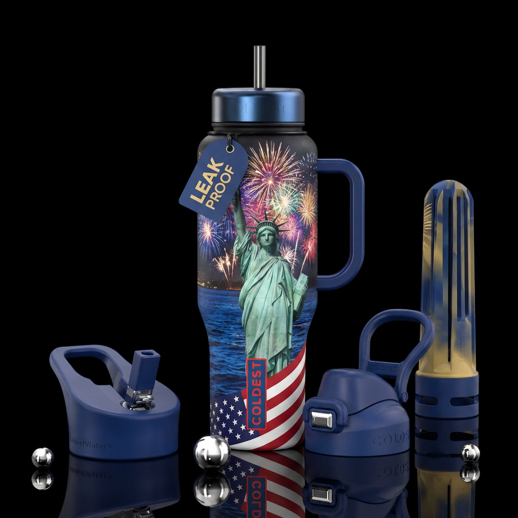 fireworks behind the statue of liberty with water ... water bottle design