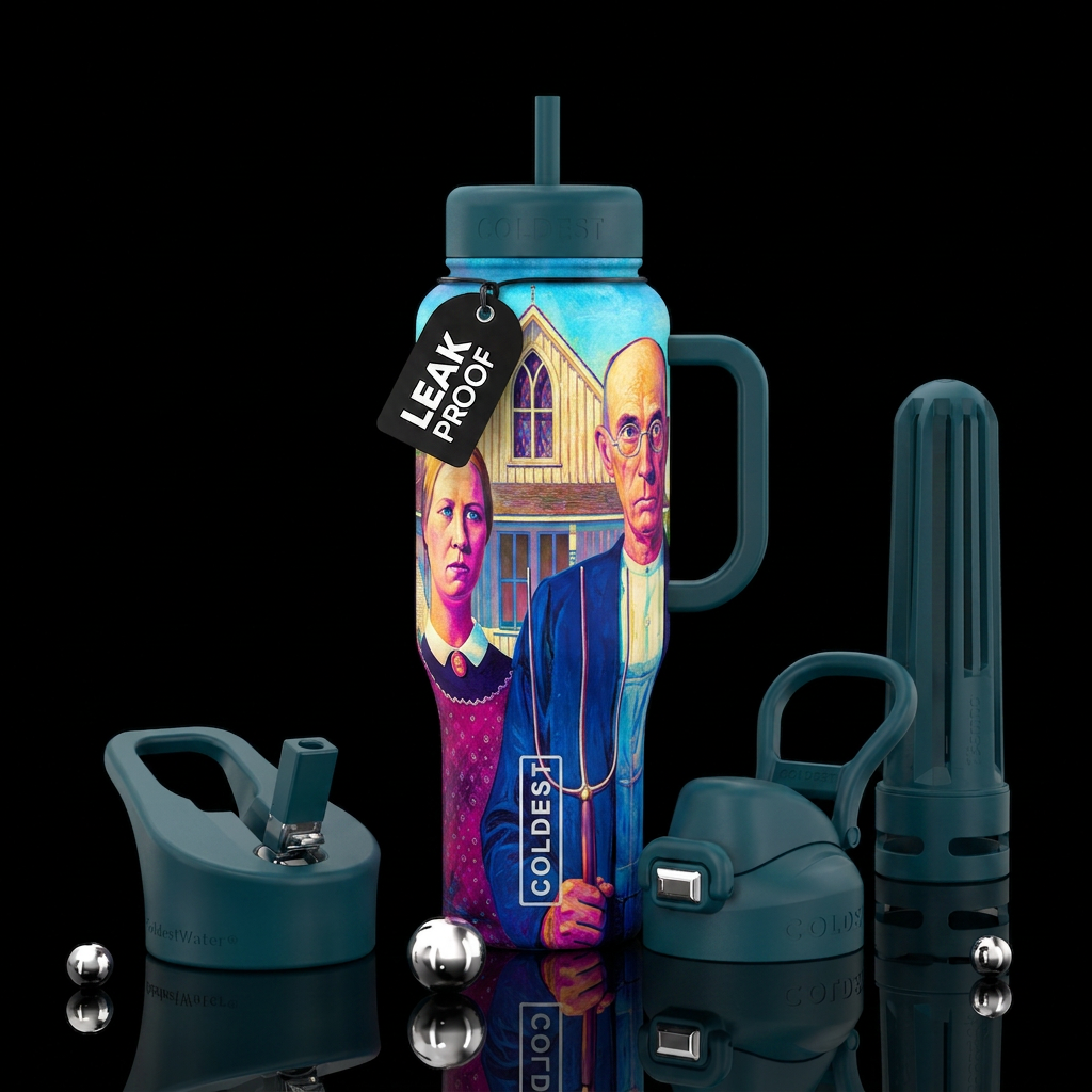 american gothic with modern colors water bottle design