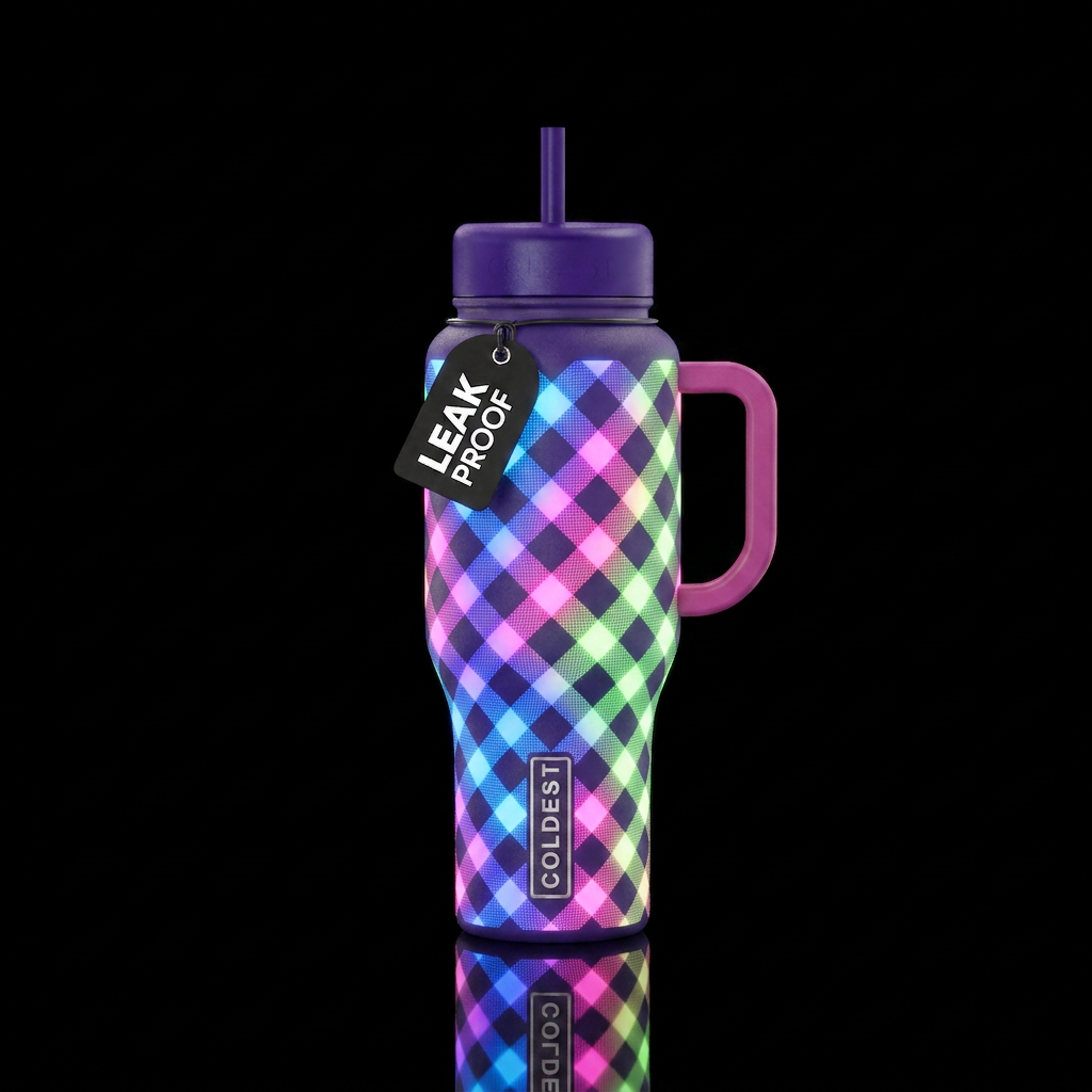 Glowing diamond pattern checkered print with multi... water bottle design