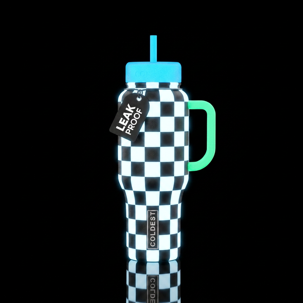Black and glowing white checkers water bottle design