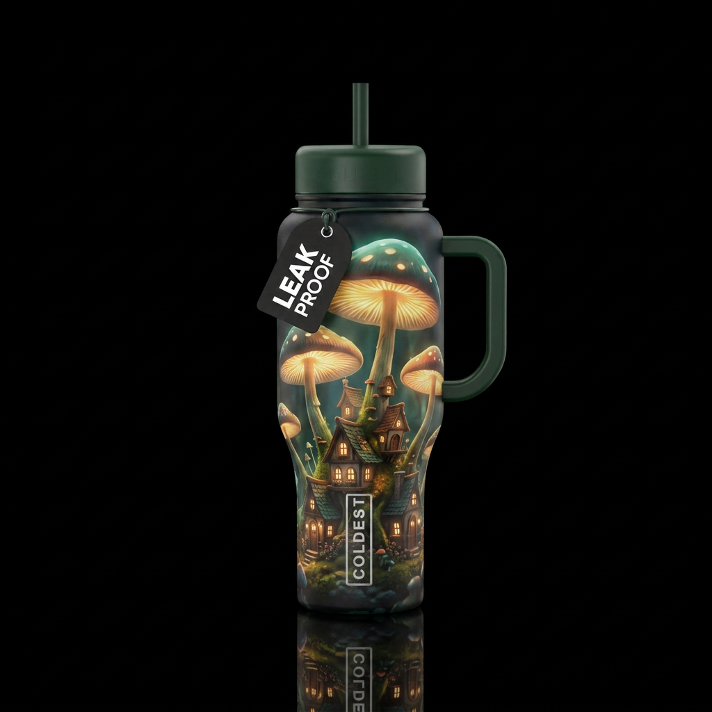 Glowing mushroom umbrella over fairy villages water bottle design