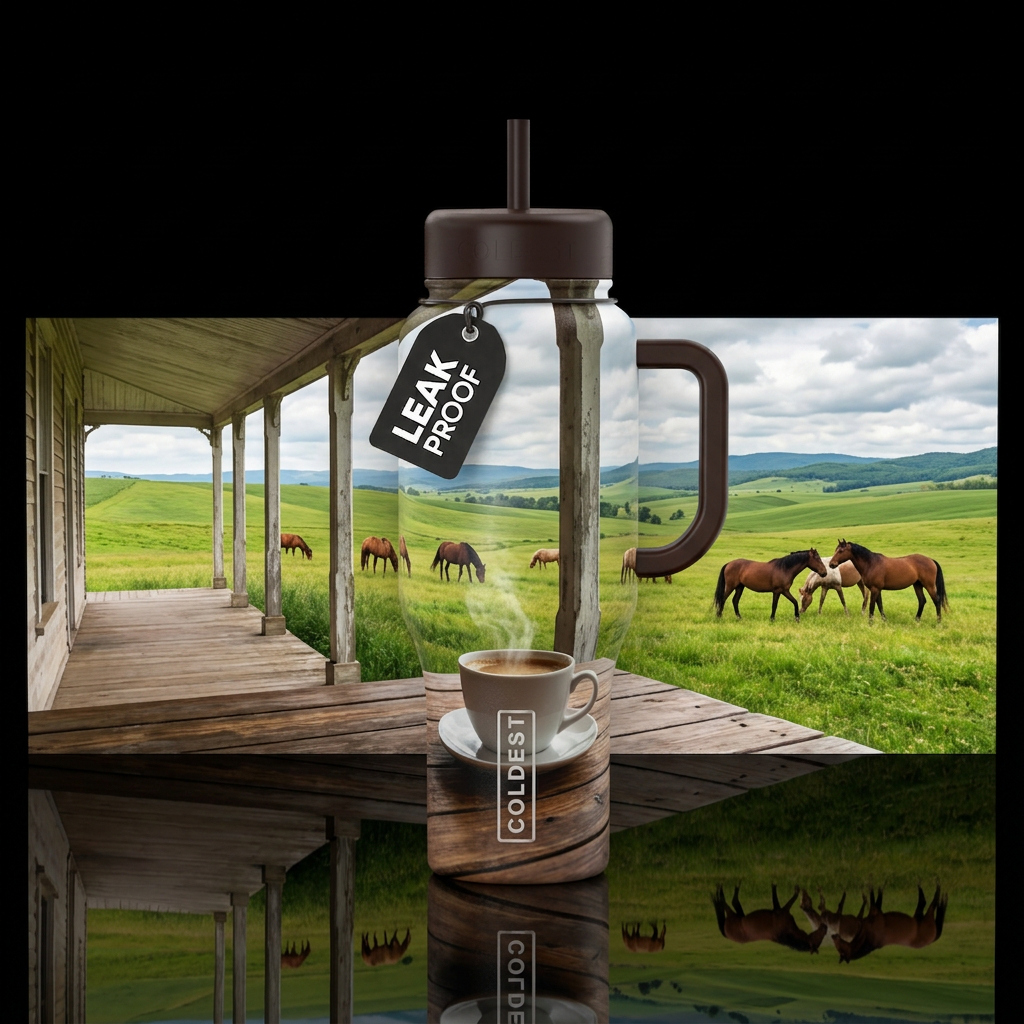 Coffee steaming on table on empty wrap around fron... water bottle design