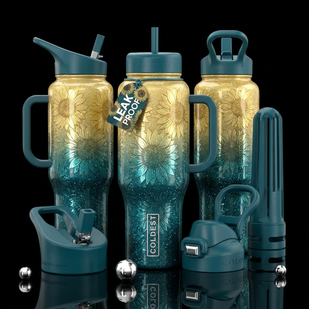 glossy, realism, please show both the front and ba... water bottle design