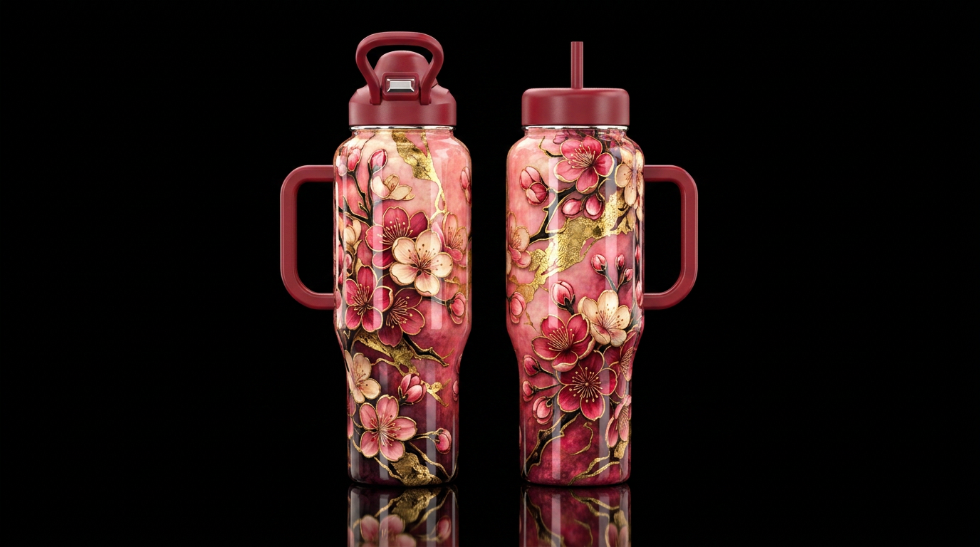 glossy, realism, please show both the front and ba... water bottle design