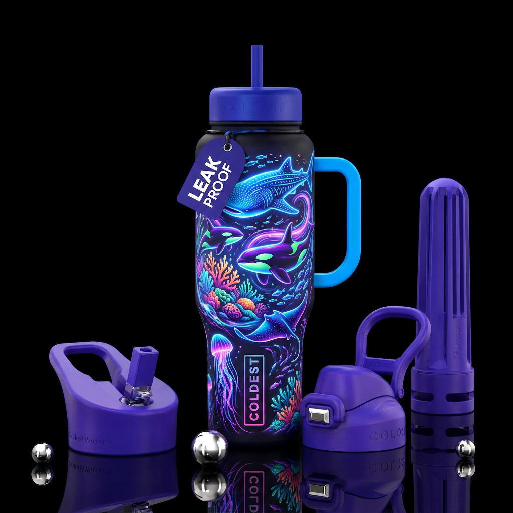The great ocean animals, dreamy, neon water bottle design