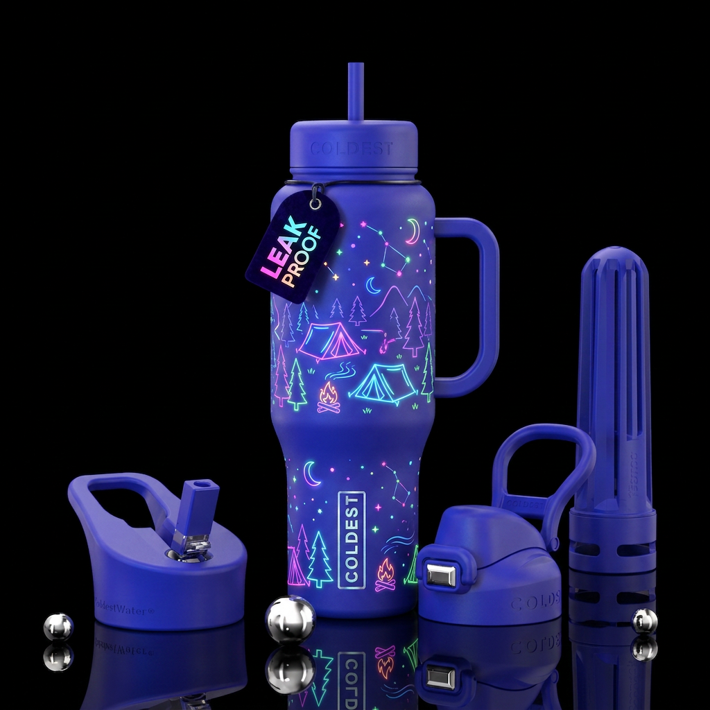 Camping glowie neon, dreamy water bottle design