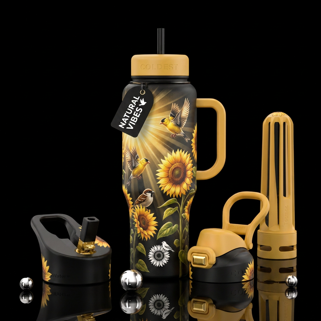 Birds sunflowers sunshine scenery water bottle design