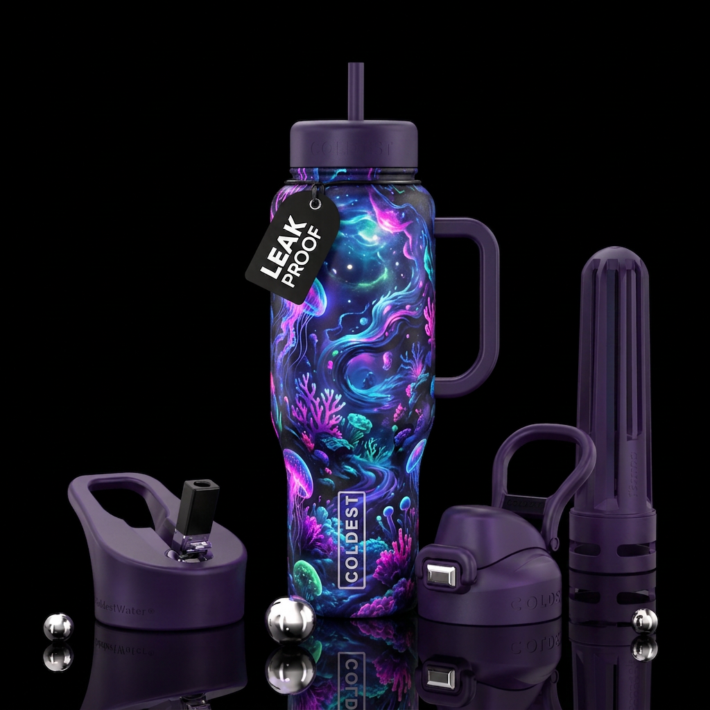 Ocean dark abstract, neon, dreamy water bottle design