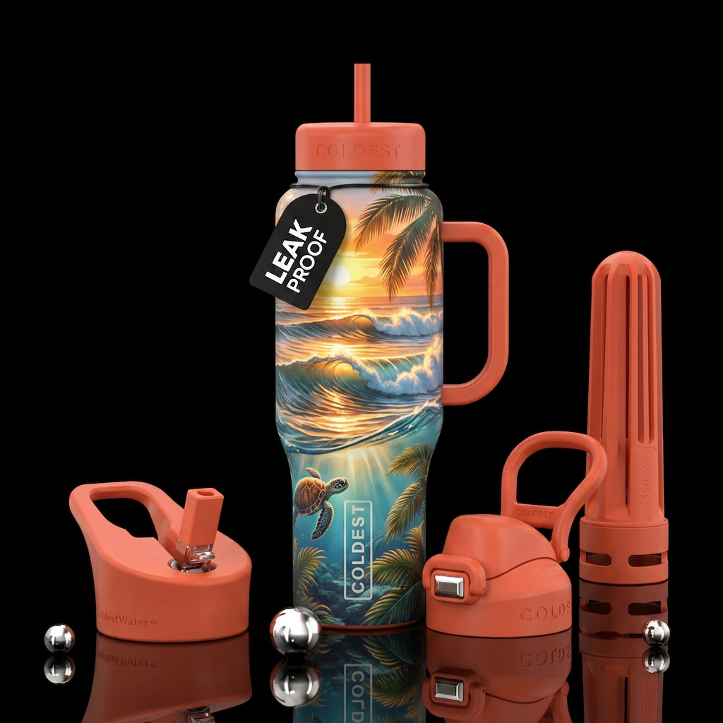 Ocean waves sunrise palm trees turtle water bottle design