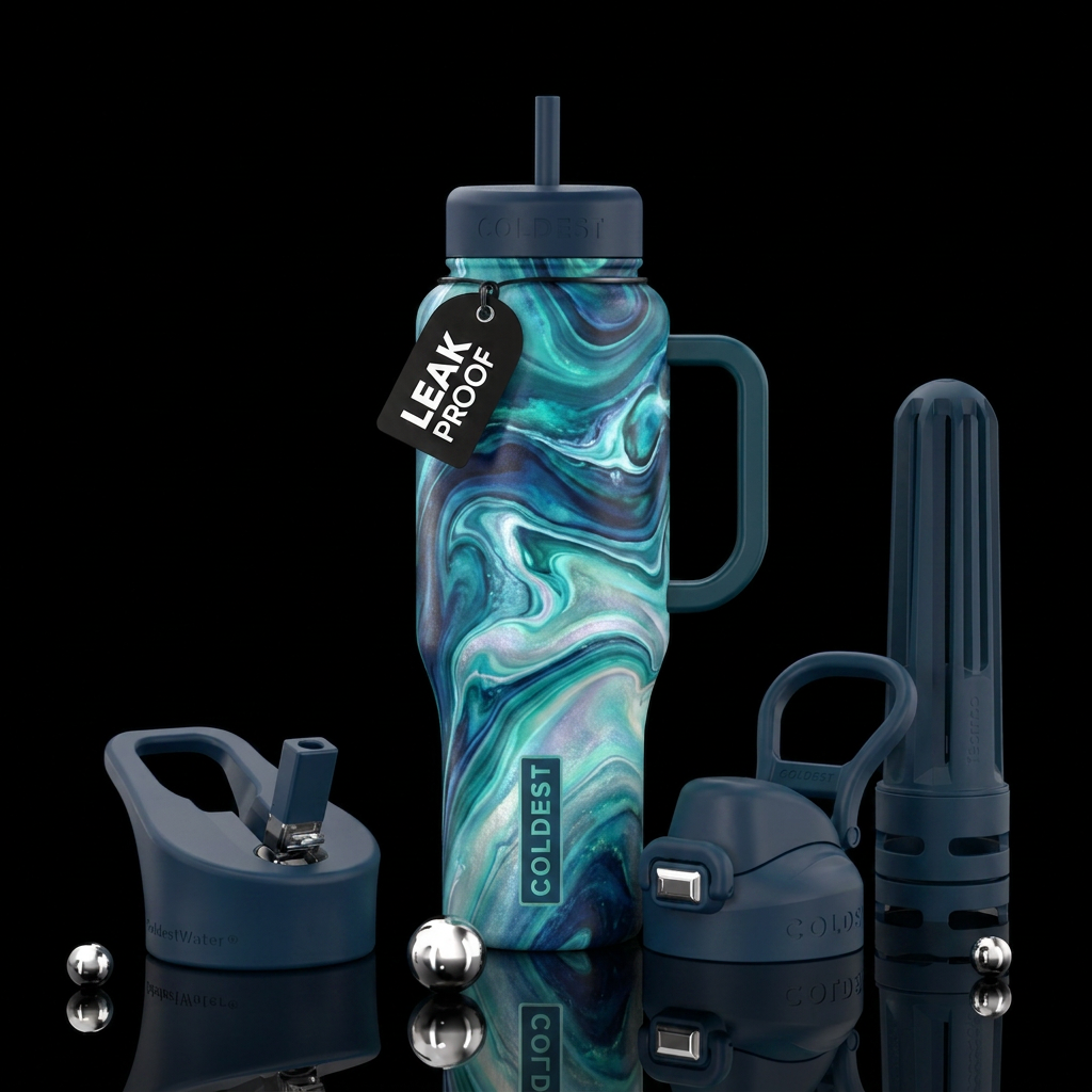 artistic, abstract, ocean water bottle design