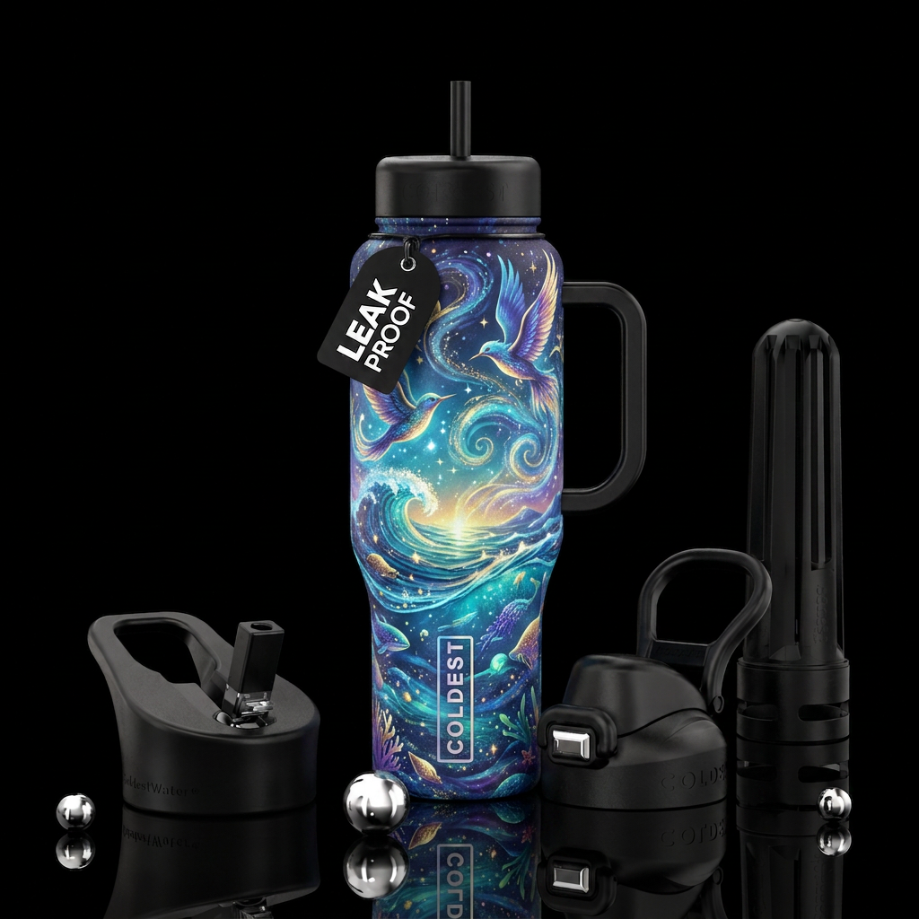 beautiul, magic, ocean, birds water bottle design