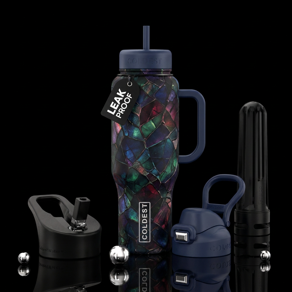 dark mood, artistic, matte, gemstone, abstract water bottle design