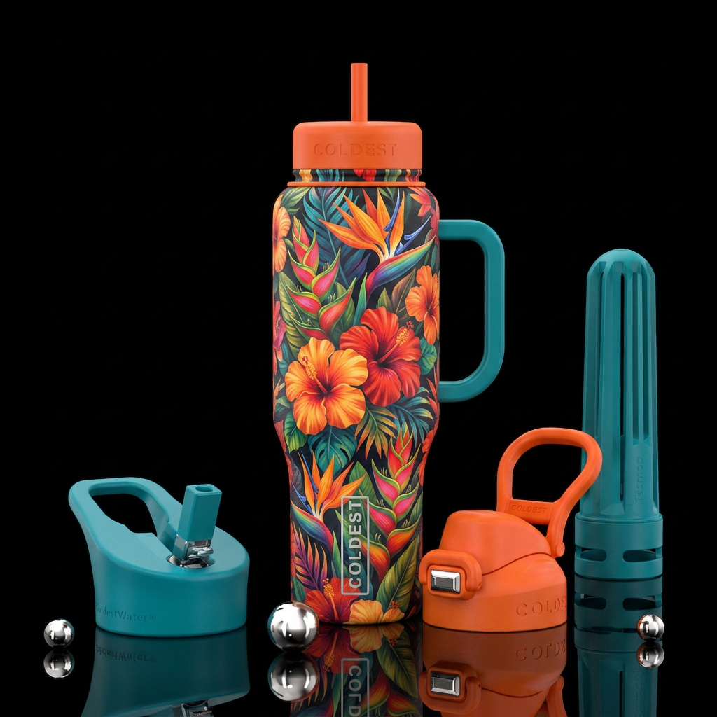 tropical flowers, beautiul, firery, artistic water bottle design