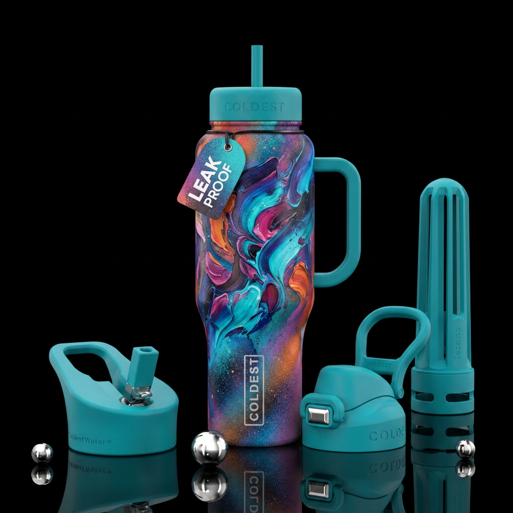 beautiul, vibrant, oil painted, spray painted water bottle design