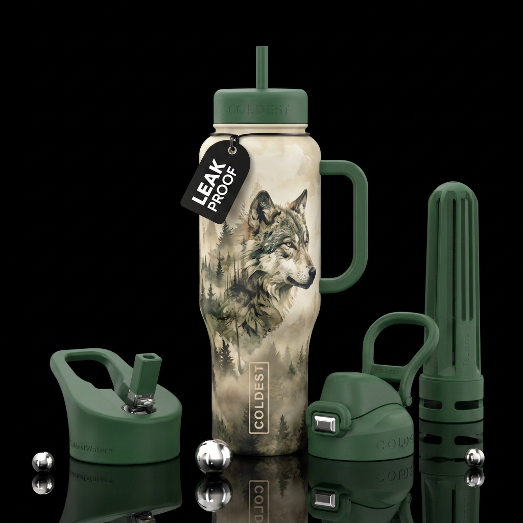 beige, wolf, misty forest, abstract, artistic, cre... water bottle design
