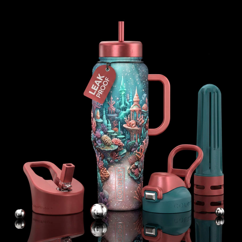 coral, underwater city, sparkly, magical water bottle design