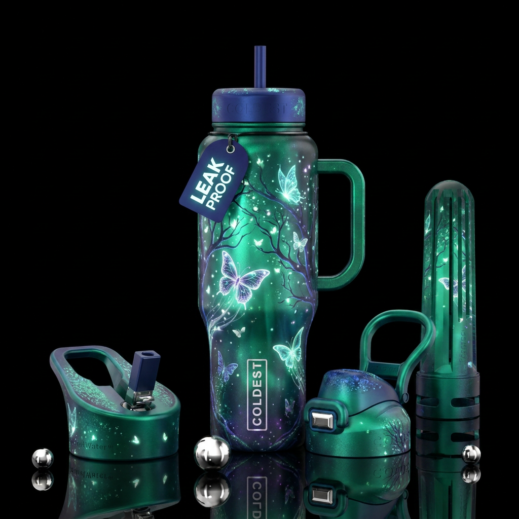 butterfly, trees, magical, glowie, sparkly water bottle design